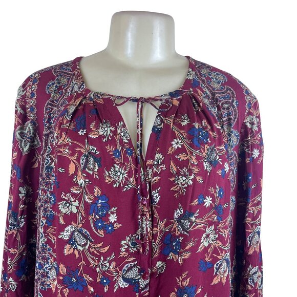 Lucky Brand Women's Maroon Floral Boho Peasant Long Sleeve Top Sz XL - Picture 4 of 8
